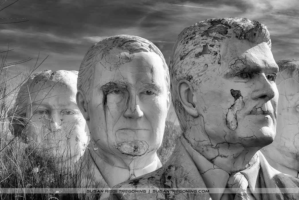The giant heads of Ronald Reagan, Warren G. Harding, and John Adams cracked and crumbling near Williamsburg, Virginia.
