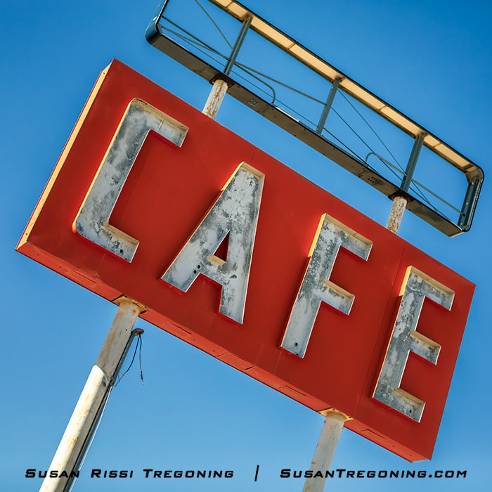 The retro Cafe sign along historic Route 66 at the Midpoint Café in Adrian, Texas. 