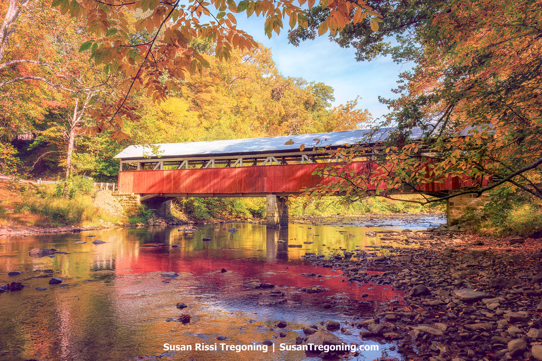 Lower Humbert Covered Bridge in profile from down on Laurel Hill Creek. 