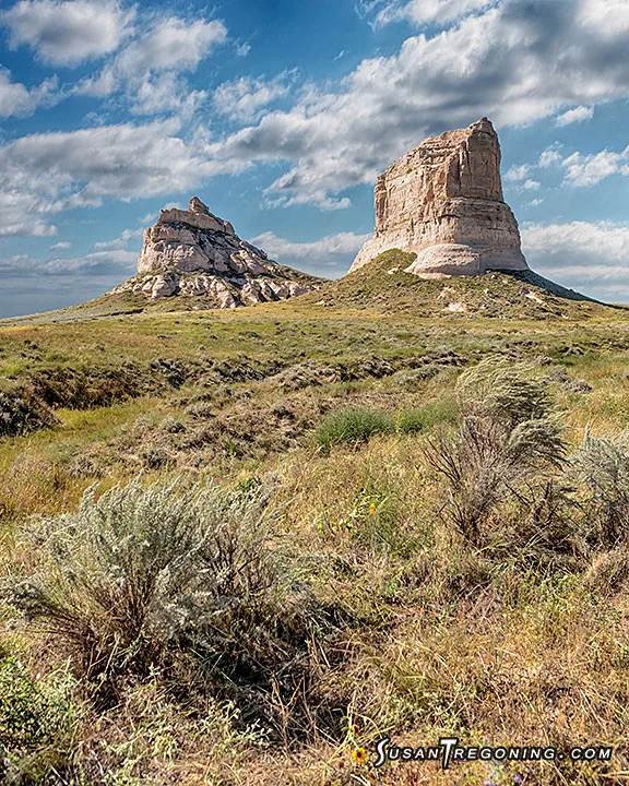 Courthouse and Jail Rock tower above the open prairie, the first major landmarks many Oregon Trail emigrants saw as they crossed into western Nebraska.