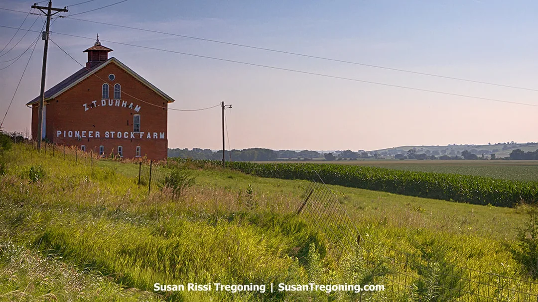 A view of the historic 1870 Z.T. Dunham Pioneer Stock Farm Barn, built by the sons of Harrison County’s first settler. The structure reflects early agricultural construction on the region’s pioneer farmstead.