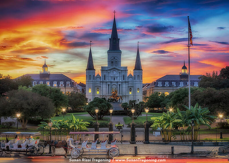 A glorious sunset over Jackson Square and the St. Louis Cathedral in the French Quarter of New Orleans, Louisiana.
