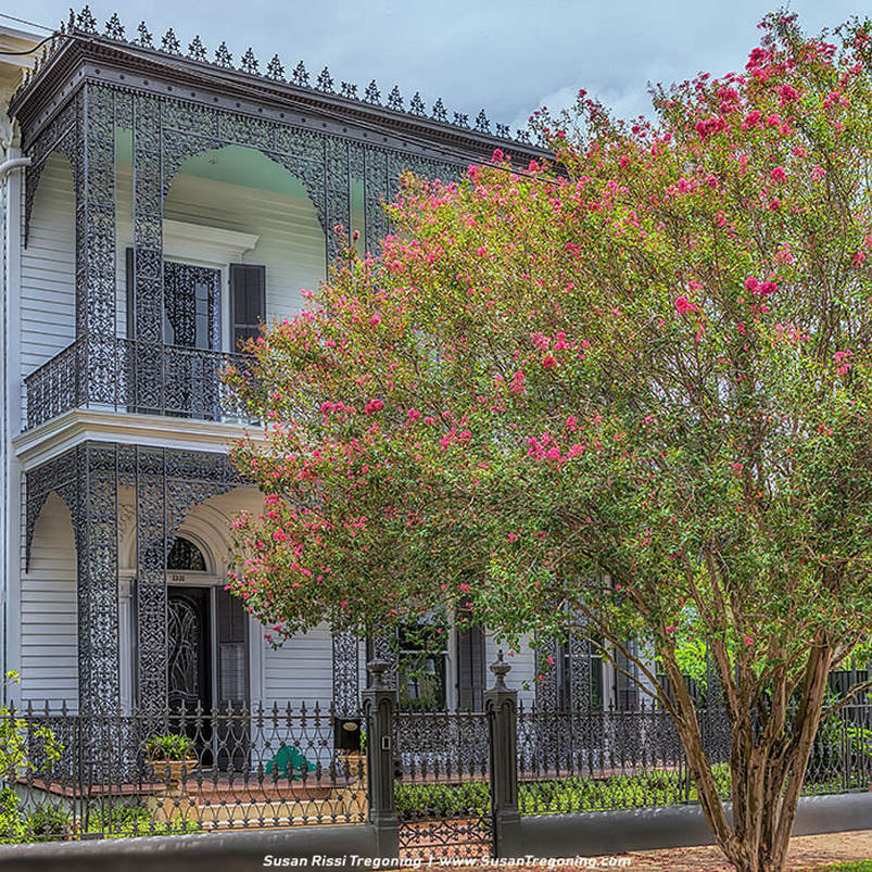 A historic house with light siding features tall shuttered windows, an arched doorway, and ornate wrought‑iron detailing on the porch and balcony. A black iron fence borders the front garden, and a large tree with pink blossoms adds vibrant color to the scene.