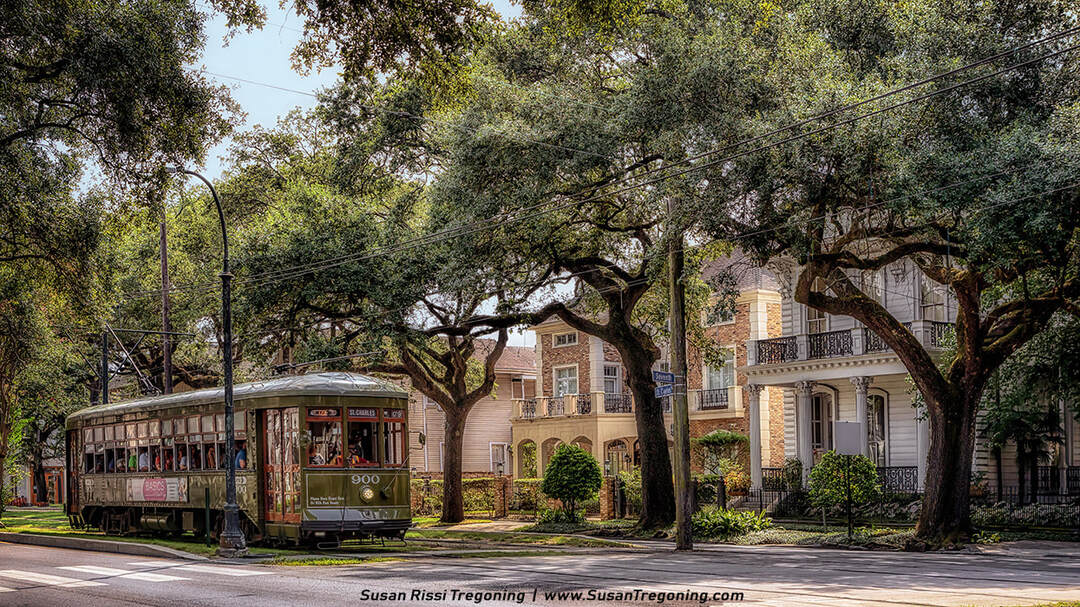 A classic green St. Charles streetcar marked “900” travels along a tree‑lined avenue beneath sprawling oak branches. Historic homes with balconies and ornate architectural details line the street in this New Orleans neighborhood scene.