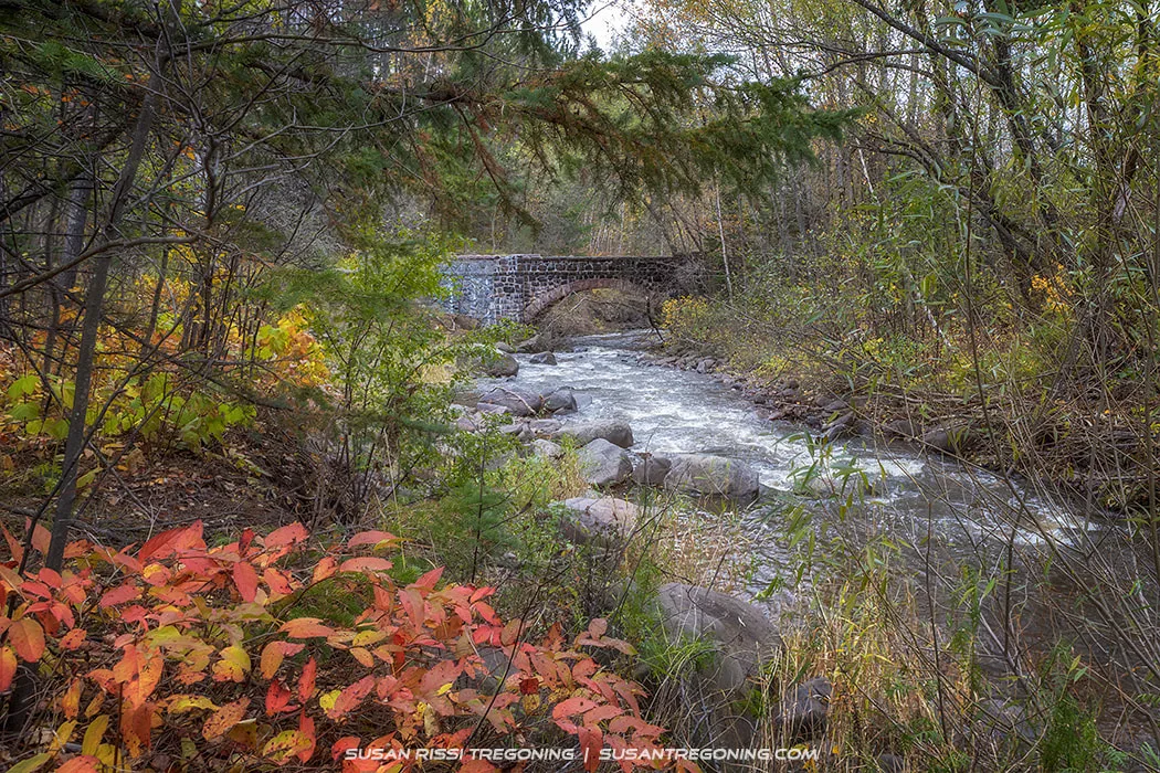 A small stone arch bridge crosses a rocky creek surrounded by dense autumn foliage in shades of red, orange, yellow, and green. Water flows over the rocks beneath the bridge, framed by trees and shrubs in a forest setting.