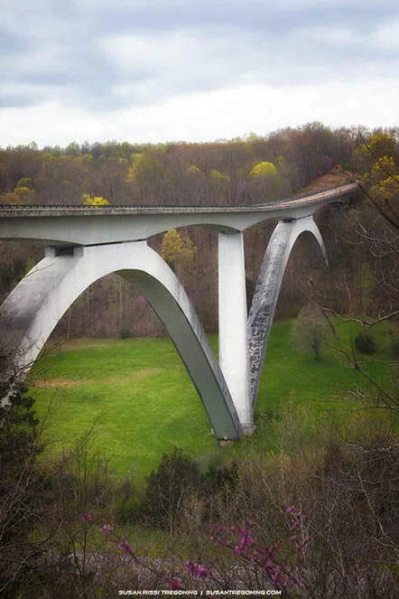 Double‑arched concrete bridge spanning Birdsong Hollow on the Natchez Trace Parkway, shown in early spring on an overcast day with soft, diffused light highlighting the sweeping arches.