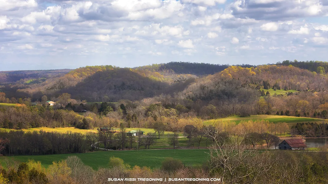 A wide 180‑degree view of Water Valley from the overlook in late autumn, with muted seasonal colors visible across the valley under soft, overcast light.