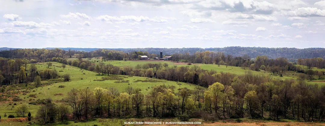 A wide scenic view from Baker Bluff Overlook on the Natchez Trace Parkway, showing rolling rural Tennessee countryside with open fields, wooded hills, and soft, muted light.