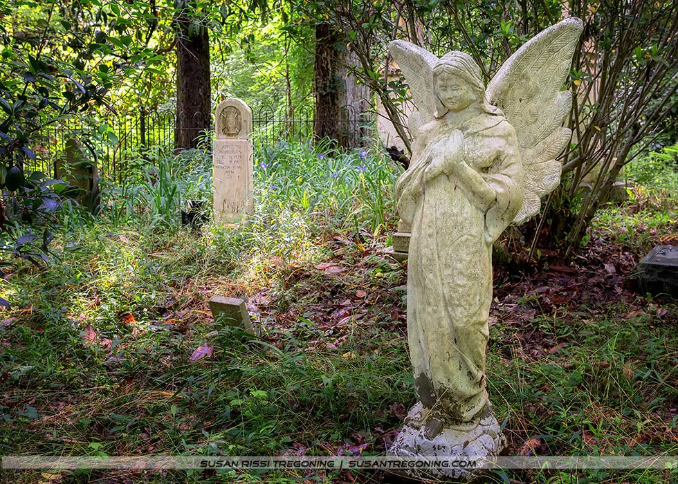 A weathered stone angel statue stands in the Chamberlains Family Cemetery, hands clasped near its chest and wings folded behind. Several gravestones sit among grass and scattered leaves, with a black iron fence and trees in the background.