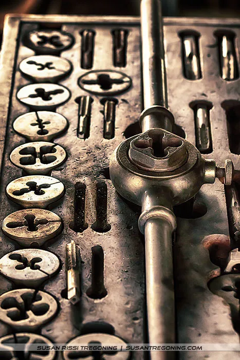 A macro image of a tap and die set at the Industrial Heritage Museum. 