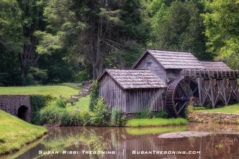 A rustic wooden watermill with a large water wheel sits beside a still pond, surrounded by lush green trees. The weathered building reflects in the water, and a stone culvert is visible to the left where water flows beneath it.