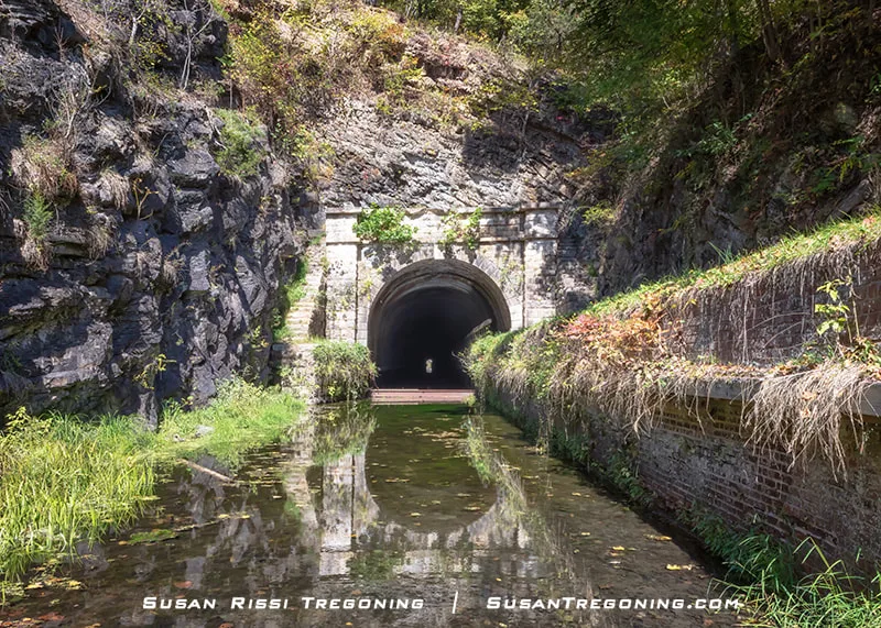 A stone‑lined canal tunnel entrance with an arched masonry opening sits between rocky, vegetation‑covered slopes, with still water leading into the dark interior of the tunnel.