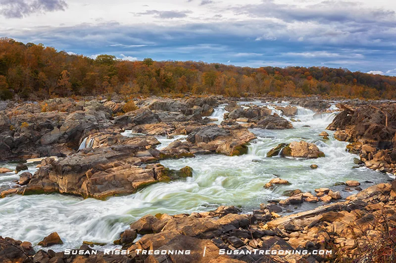 Powerful whitewater rapids rush through rugged rock formations at Great Falls on the Potomac River, surrounded by autumn trees in shades of orange, yellow, and brown beneath a partly cloudy sky.
