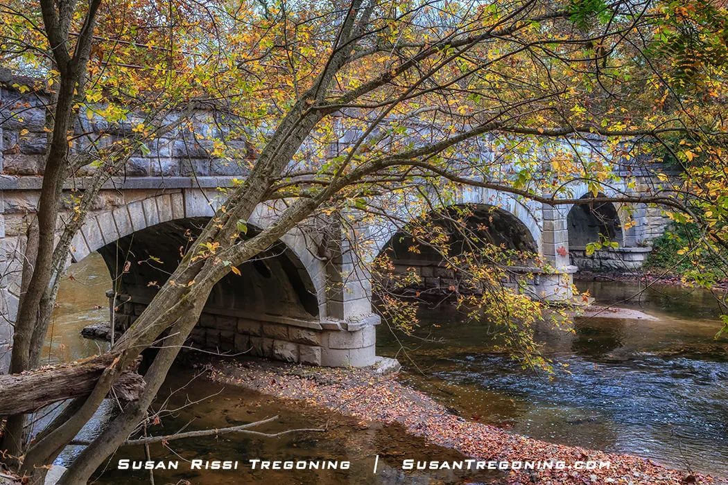 A multi‑arch stone aqueduct spans a shallow stream, partially framed by autumn trees with yellow, orange, and brown leaves. Fallen leaves and a small pebbled shoreline line the water’s edge, creating a quiet fall landscape.