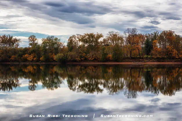 A still river reflects a line of autumn trees in shades of orange, yellow, and green beneath a thick, overcast sky, creating a nearly perfect mirror image across the calm water.