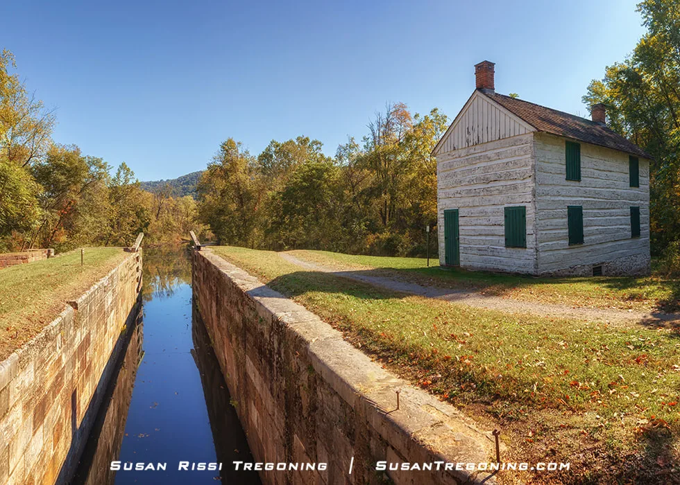Lock 75 on the C&O Canal sits beside a white two‑story lockhouse with green shutters, surrounded by trees and greenery under a clear blue sky. Still water fills the narrow stone‑lined lock, reflecting the foliage around it.