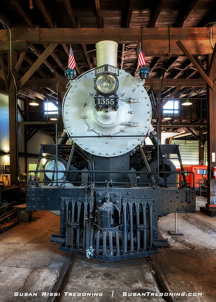 A front view of the historic Great Northern Railway Steam Locomotive No. 1355, showing the smokebox front, headlight, and number plate.