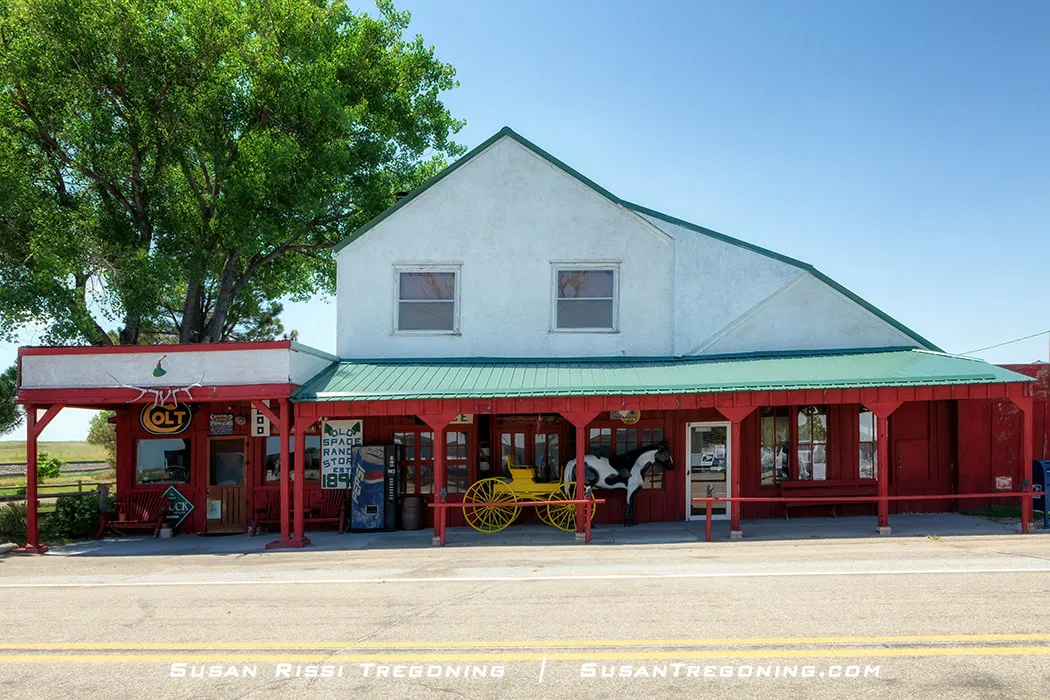 A rustic building with a white upper facade and red lower walls sits along a paved road, with signs reading “Old Spade Ranch Store 1891.” A yellow horse‑drawn carriage and a black‑and‑white horse statue are displayed on the porch, with large trees providing shade on one side.
