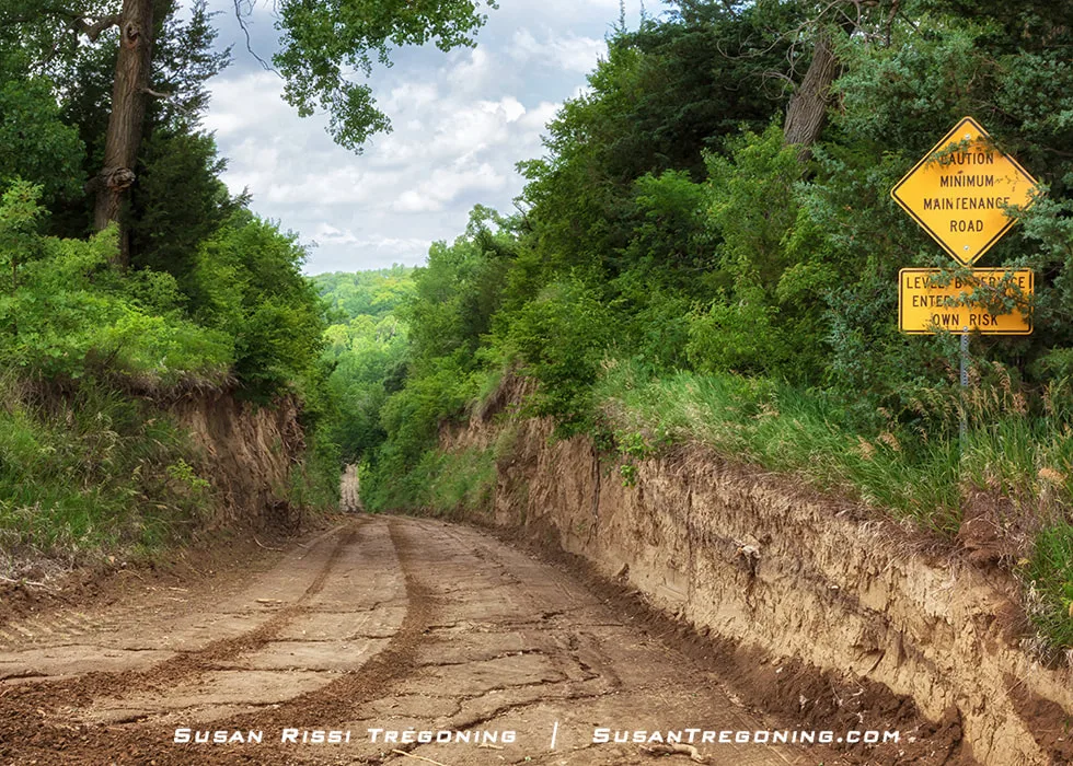 A view of the entrance to Sophie’s Hollow, located on a minimum‑maintenance B Road near Preparation Canyon State Park along Iowa’s Loess Hills National Scenic Byway. The unpaved road leads into the surrounding Loess Hills landscape.