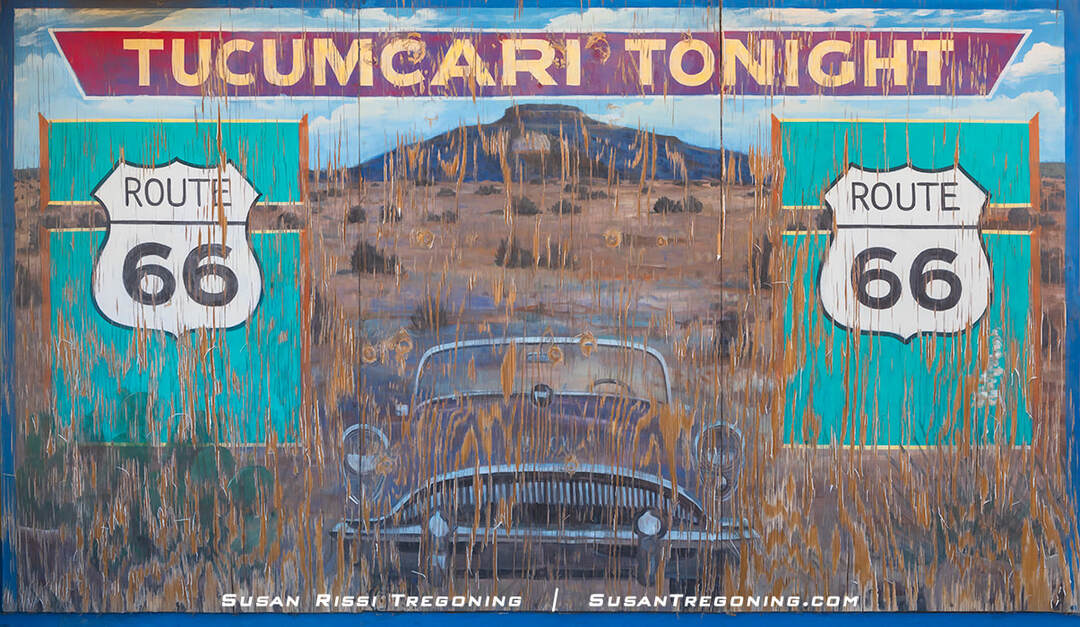 A weathered mural in Tucumcari, New Mexico, showing an old Buick convertible parked in a desert landscape with Mesa Tucumcari in the background. The mural includes the words “Tucumcari Tonight” across the top and two Route 66 shields on either side.