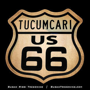 A weathered Tucumcari, New Mexico, Route 66 shield with black lettering on a light background, styled after the classic U.S. 66 highway sign.
