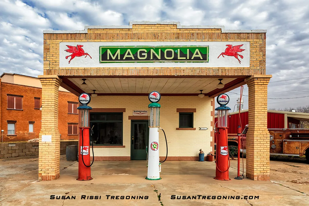 The restored Magnolia Gas Station in Shamrock, Texas, a historic Route 66 attraction featuring its classic vintage service‑station design.