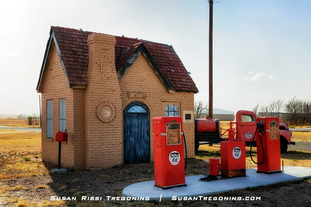 A restored Phillips 66 service station along historic Route 66 in McLean, Texas, featuring its classic vintage service‑station design.