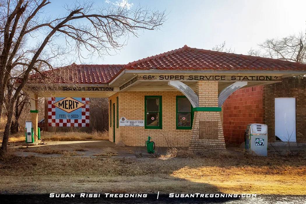 The old Route 66 Super Service Station on the corner of Main and 3rd Street in Alanreed, Texas, built by Bradley Kiser in 1930, once the busiest corner in the downtown area.