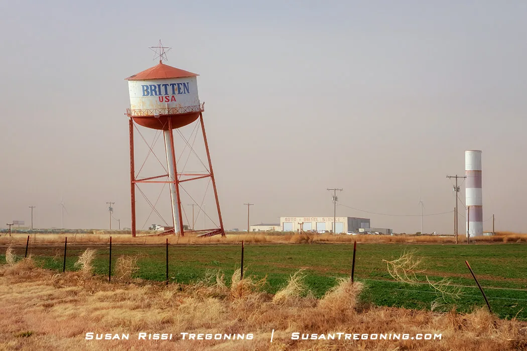 The leaning water tower in Groom, Texas, a tilted roadside landmark along historic Route 66.