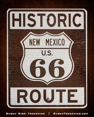 A vintage-style Historic Route 66 road sign from New Mexico, featuring a brown-and-white shield labeled “New Mexico U.S. 66” with the words “Historic Route” above and below the emblem.