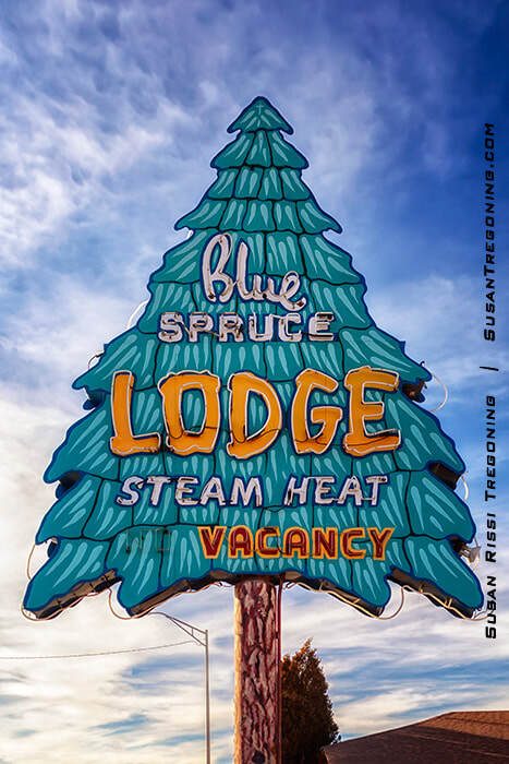 A vintage roadside sign for the Blue Spruce Lodge in Gallup, New Mexico, shaped like a stylized blue spruce tree with bold lettering advertising steam heat and vacancy. The sign stands against a partly cloudy sky with buildings visible in the background.