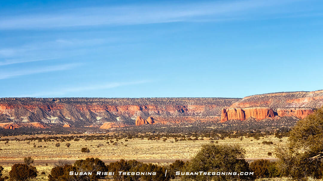 Red Entrada Sandstone cliffs rise above a high‑desert landscape near the Continental Divide. Layered rock formations stretch across the horizon under a clear blue sky, with sparse vegetation in the foreground.