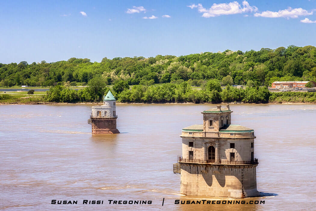 Looking down on the St. Louis Chain of Rocks water intake towers beside the Old Chain of Rocks Bridge, set in the middle of the Mississippi River.