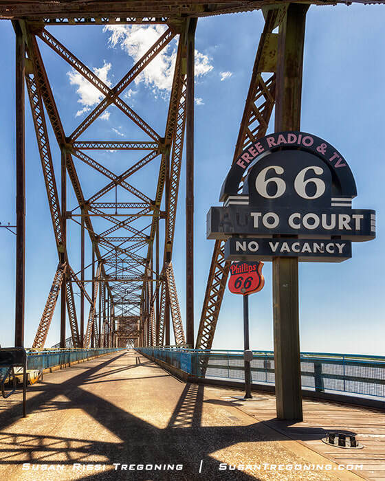 A replica of the 66 Auto Court sign displayed on the Old Chain of Rocks Bridge as part of Missouri’s Route 66 tribute.