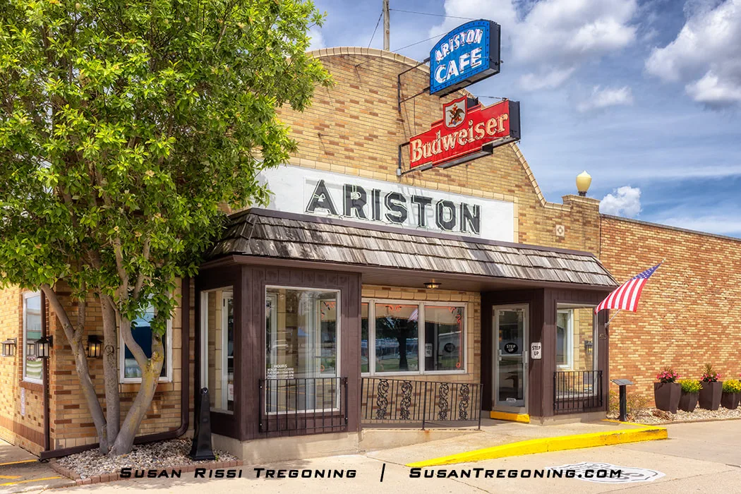 The Ariston Café in Illinois is shown from the exterior. The restaurant is considered one of the oldest continually operated establishments on Route 66 and is among the few Illinois restaurants still operating along the original roadbed.