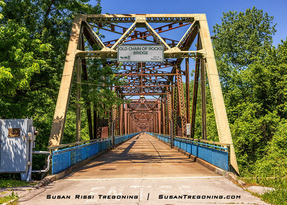 The Illinois entrance to the Old Chain of Rocks Bridge across the Mississippi River. This bridge was used from 1936 to 1965 as a Route 66 river crossing into Missouri.