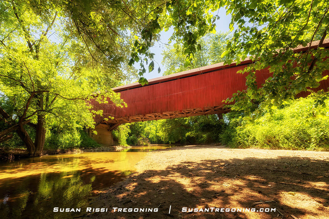 Nevins Covered Bridge shown in profile from down at the riverbank, spanning Little Raccoon Creek in Parke County, Indiana, with dense green trees surrounding the bridge.