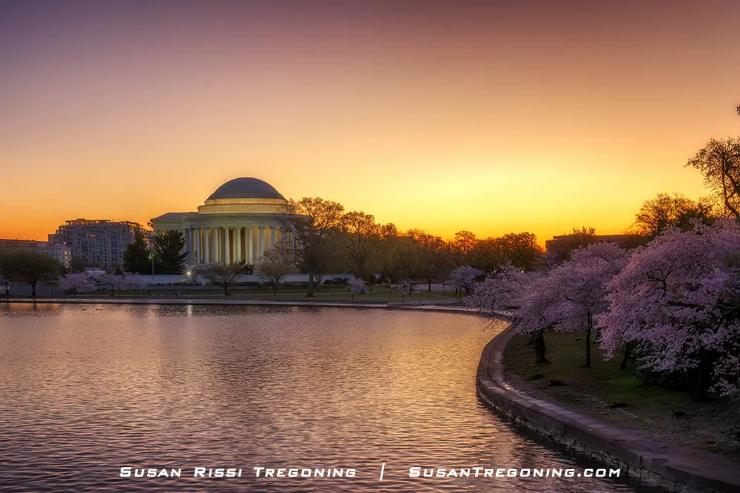 The Jefferson Memorial at sunrise, reflected in the Tidal Basin and framed by peak cherry blossoms during the 2023 National Cherry Blossom Festival in Washington, DC.