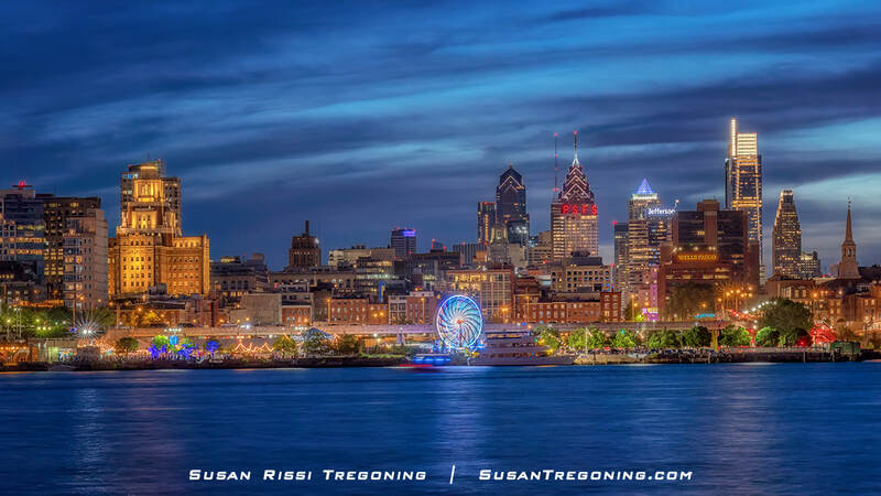 Enjoying Philadelphia’s nighttime skyline from across the Delaware River during the 2023 Memorial Day weekend celebration at Penn’s Landing.