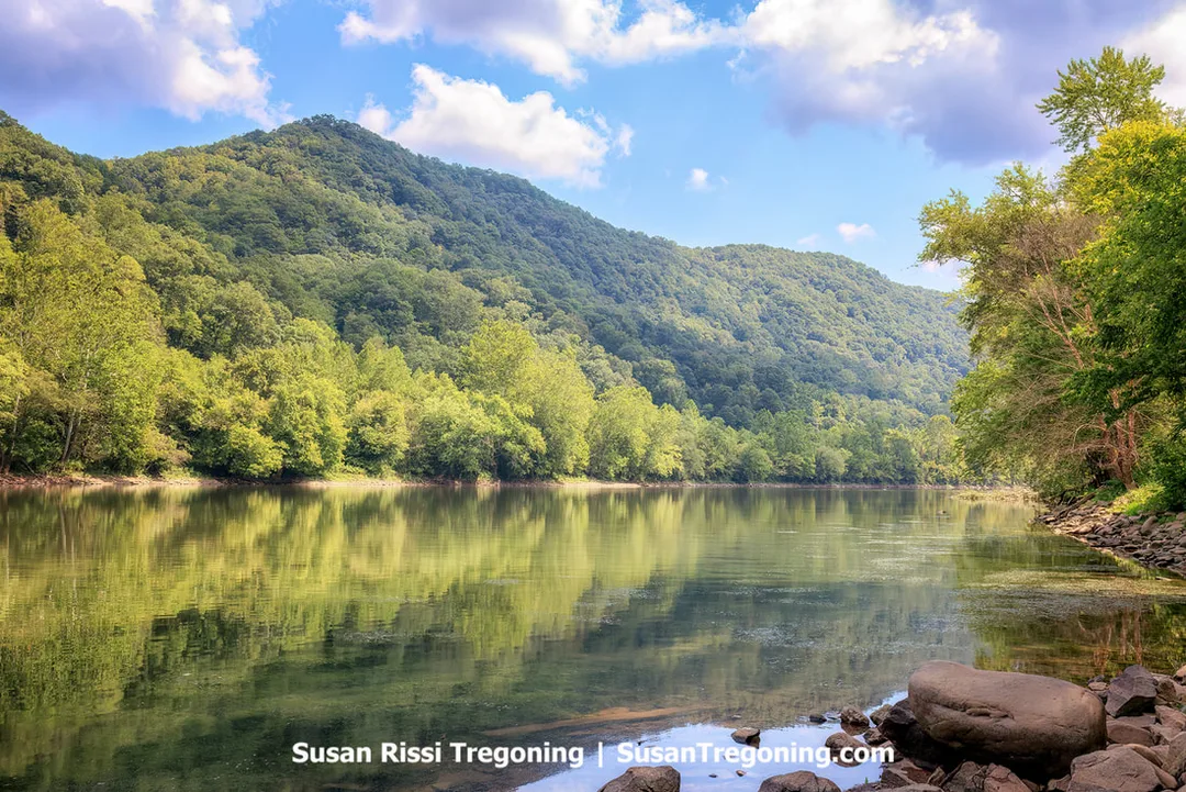 View of the New River and surrounding Appalachian hills from near the former site of the Dun Glen Hotel in the New River Gorge.