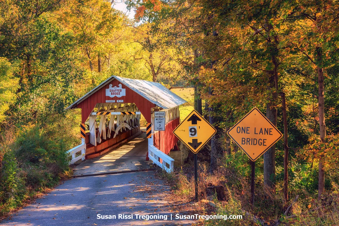 A red covered bridge with white trim stands along a narrow paved road surrounded by autumn trees in shades of yellow, orange, and green. Signs near the entrance include a one‑lane bridge warning, a height marker, and a posted weight limit. The bridge has a peaked roof and opens toward a wooded landscape.