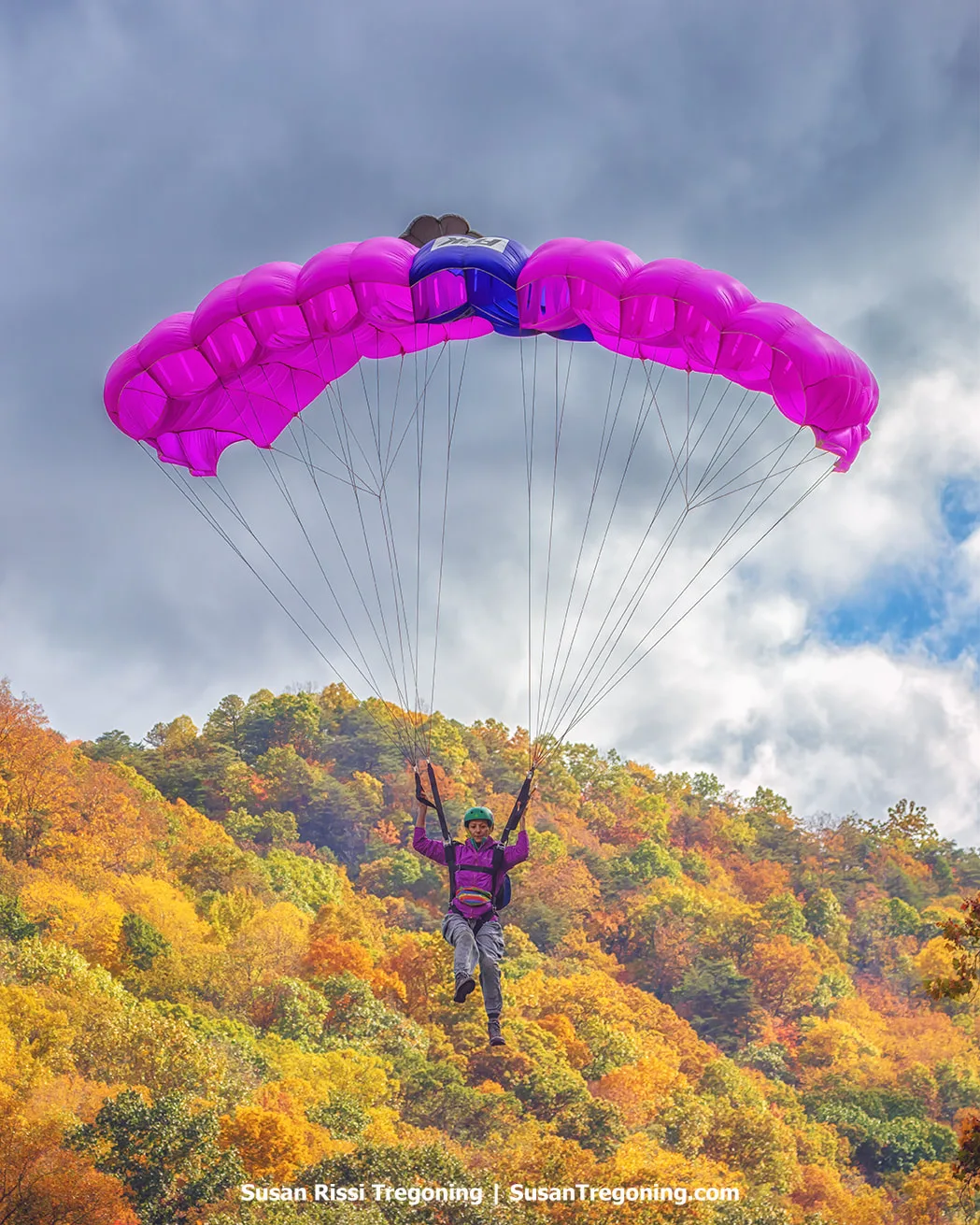 A parachutist descends beneath a bright pink and purple canopy above a hillside covered in autumn foliage, with the jumper suspended by multiple lines against a cloudy sky.