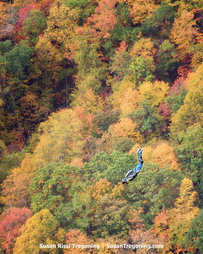A BASE jumper in head‑down free fall above a forested gorge, with dense autumn foliage in shades of red, orange, yellow, and green filling the landscape below.