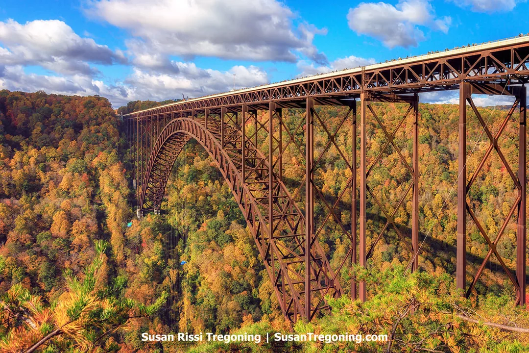 The New River Gorge Bridge spanning a deep forested gorge, its rust‑colored steel arch rising above dense autumn foliage in shades of green, yellow, orange, and brown under a partly cloudy sky.