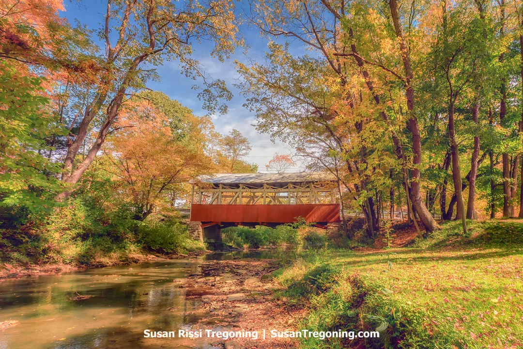 A red covered bridge with white trim spans Buffalo Creek, viewed in profile from the creek bank. The bridge has notably low sidewalls and rests on stone abutments above flowing water. Autumn trees in shades of orange, yellow, and green surround the structure.