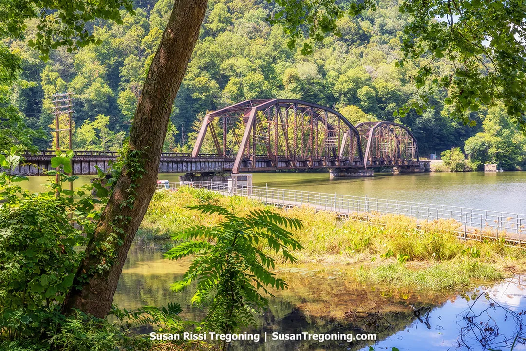 A twin‑truss steel railroad bridge spans the New River, surrounded by forested hills at Hawks Nest State Park. Dense vegetation fills the foreground, and the bridge’s concrete piers rise from the water with reflections visible on the river’s surface.