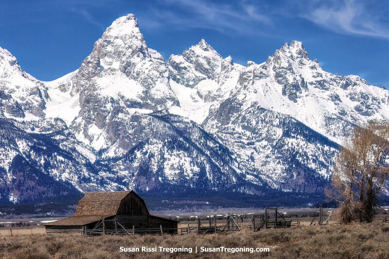 The majestic snow-covered Teton mountain range looms grandly over the historic John Moulton Barn on Mormon Row, casting an awe-inspiring silhouette against the Wyoming sky.