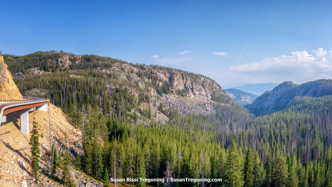 A steep forested ravine with dense evergreen trees and rocky slopes. An elevated roadway built along a cliff is supported by concrete pillars on the left, with additional mountain ridges visible beneath a clear sky.