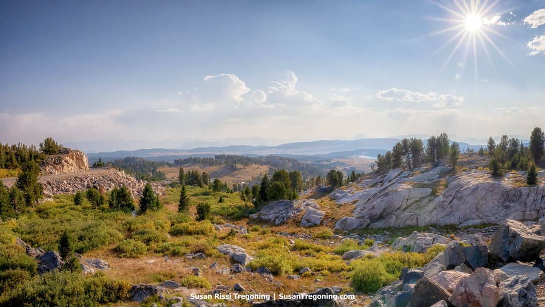 A rocky alpine landscape with large boulders scattered across the foreground, interspersed with shrubs and evergreen trees. A winding paved road crosses the slope on the left, with distant hills and mountain ridges beneath a bright sky and scattered clouds.