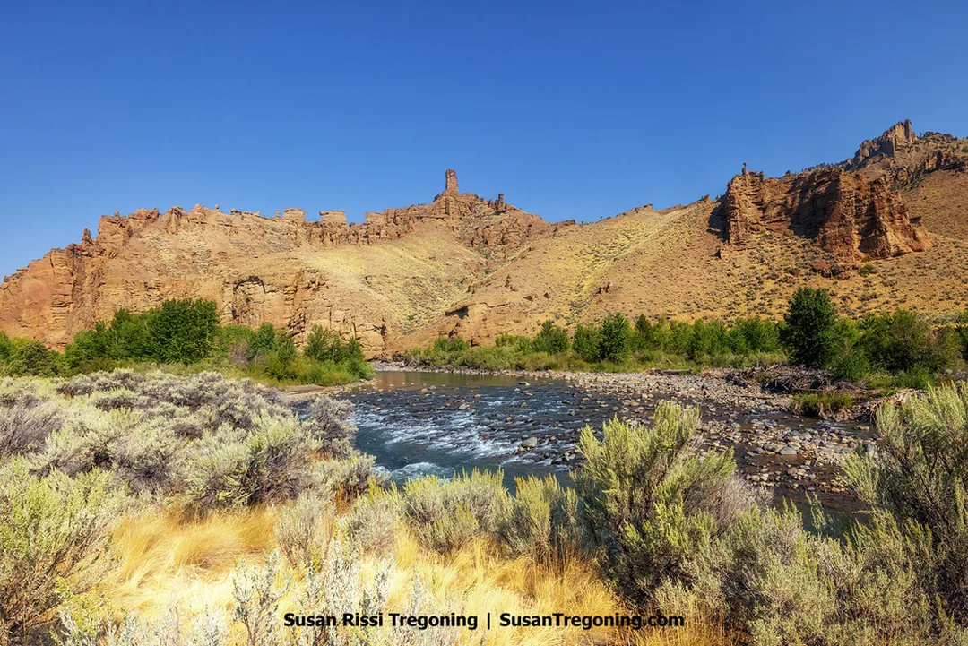 A river flows through a rocky valley bordered by shrubs and grasses in the foreground. Reddish‑brown cliffs with distinct layered formations rise sharply on the far side of the water, with sparse vegetation scattered across the slopes beneath a clear blue sky.